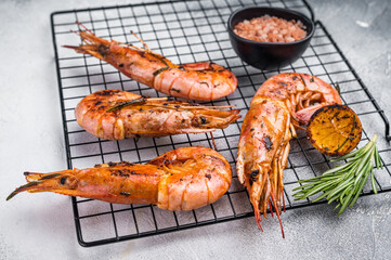 Seafood BBQ with Grilled red Argentine shrimps, Prawns Langostino Austral on a rack with herbs. grey background. top view