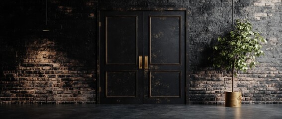 Distinctive black doors stand against a textured brick wall, accompanied by a potted plant in a stylish setting