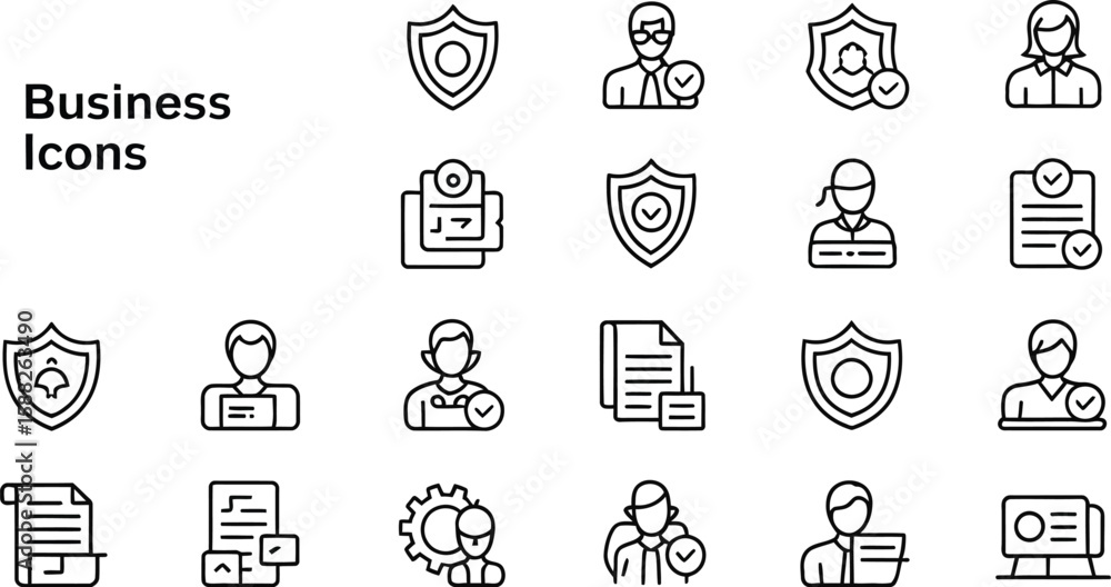 Poster a collection of business icons displayed on a white background in a grid format