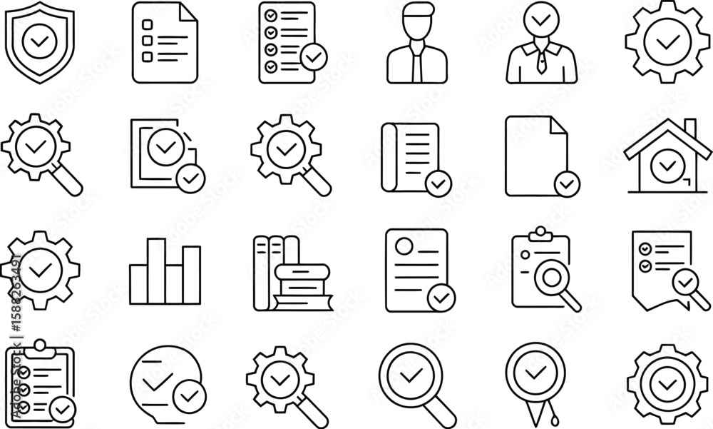 Poster a collection of outline icons representing business and success with check marks
