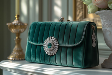 Green Velvet Clutch Shines. Fashion, luxury, elegance. Ideal for web design, social media, and print.