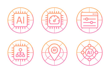 Innovative AI icons representing various aspects of artificial intelligence technology and applications in modern design