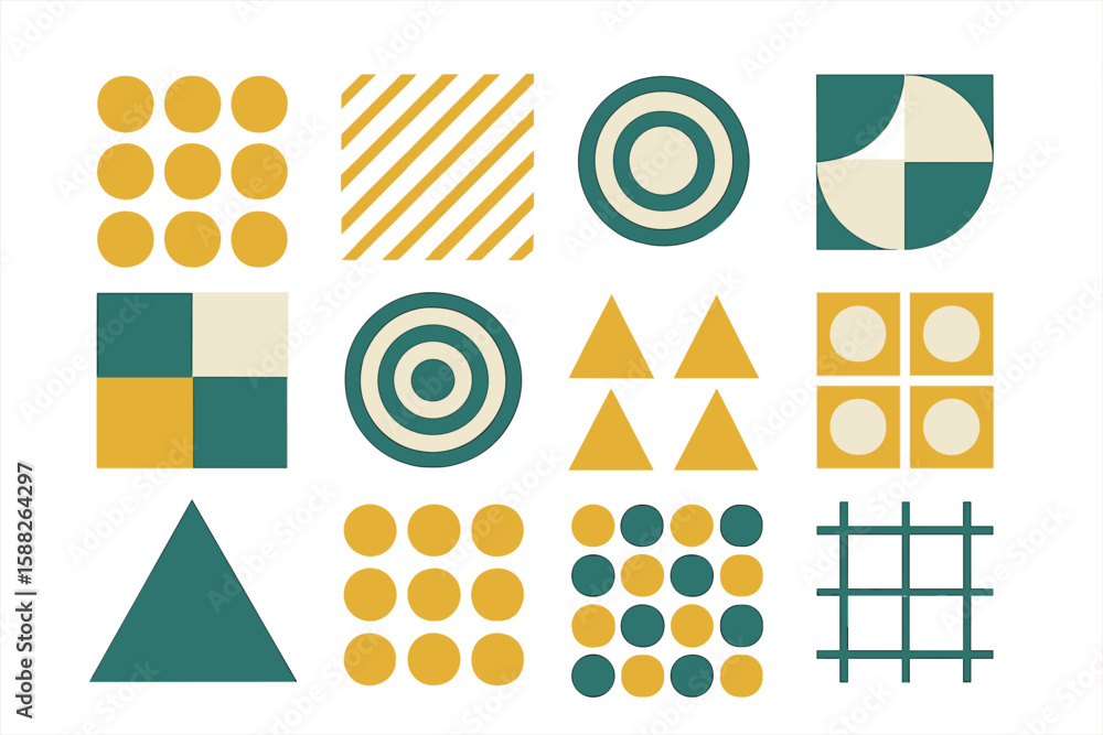 Poster colorful geometric shapes arranged in a grid pattern showcasing design elements for creative project
