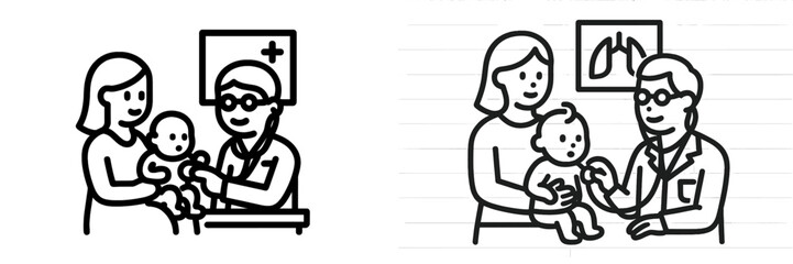 Pediatric checkup at a clinic with a doctor, mother, and baby during a routine health examination