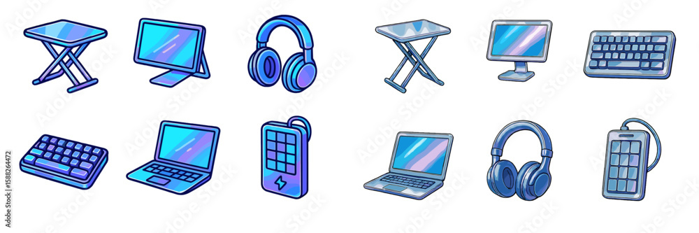 Fototapete set of colorful digital devices and accessories displayed on a white background for modern technolog
