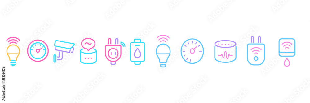 Poster colorful outline icons representing smart home technology and devices in a modern design for connect
