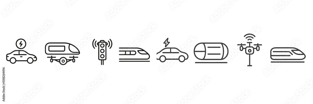 Poster illustrations of various modes of transport and traffic signals in a modern urban setting showing in