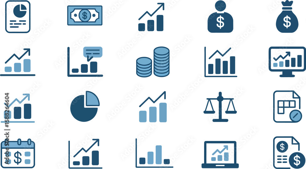 Poster illustration of business and finance icons arranged in a grid pattern on a light background