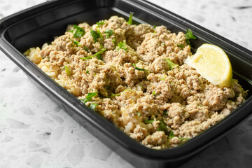 A view of a meal prep entree of ground turkey and cilantro lime rice.