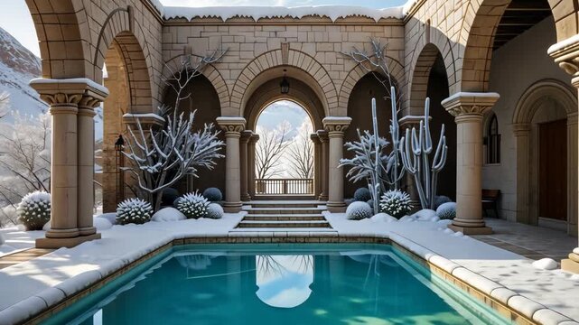 Luxurious snow-covered mansion with arched gate and reflection in pool against clear blue winter sky. Concept of luxury property and serene winter retreat
