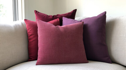 Square Throw Pillows in Deep Red and Soft Purple Adding Vibrant Color Accent to Neutral Couch