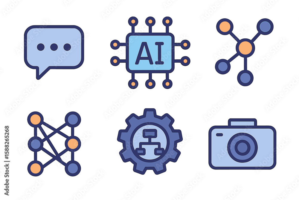 Fototapete artificial intelligence icons showcasing communication and technology elements in a modern design