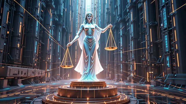 Elegant goddess of justice with silver scales and blindfold stands on glowing platform in futuristic hall with tall neon-lit columns. Concept of impartiality and cyberpunk justice
