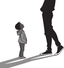 Father-Son Bond: A poignant monochrome illustration showing a young boy gazing up at the silhouette of an adult, conveying themes of guidance and mentorship.