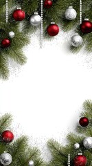 Elegant Christmas Border with Red and Silver Ornaments and Pine Branches