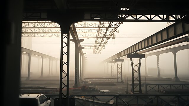 Steel beams rise through morning fog at a construction site, creating a striking diagonal composition.