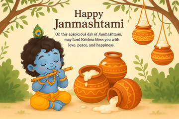 Divine Lord Krishna with Flute and Butter Pots Art - Krishna Janmashtami Festival Illustration