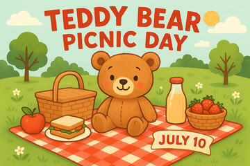 July 10 Teddy Bear Picnic Day with Adorable Bear and Outdoor Lunch Scene