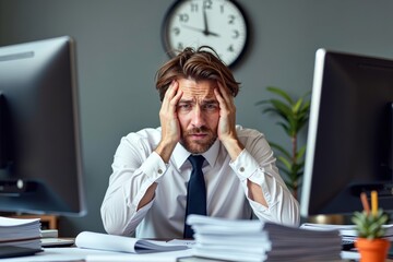 Photo Concept: Overwhelmed Business Executive Surrounded by Piles of Paperwork and Computer Screens at Desk