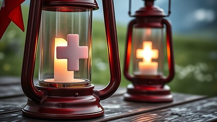 Glowing Swiss lantern with white cross motif, resting on rustic wood with alpine meadow in soft focus.