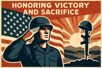 Honoring Military Sacrifice: Soldier Saluting with American Flag at Sunrise