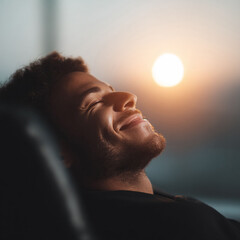Serene portrait of a joyful darkskinned man with eyes closed, smiling softly bathed in golden sunlight. Symbolizing relaxation, peace, and inner happiness. Great for wellness