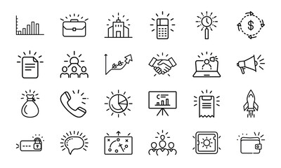 Fototapeta premium Line Style Business and Finance Icon Set Featuring Graphs, Marketing, Strategy, Money, Communication, and Technology Symbols for Corporate Use and Presentations