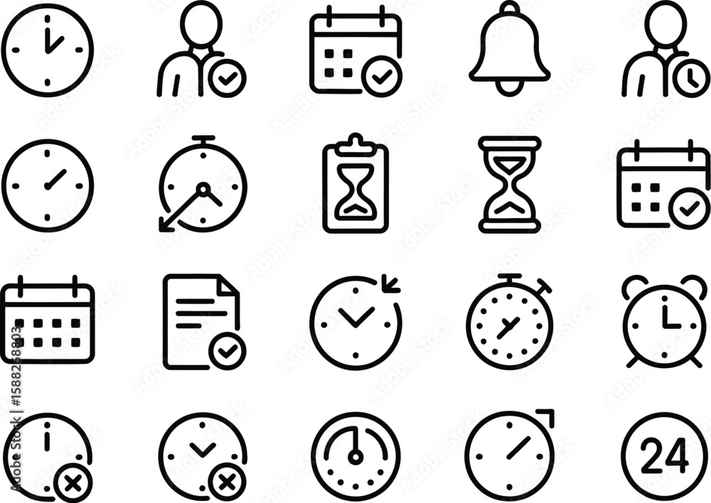 Poster a set of various black outline icons related to time management and scheduling