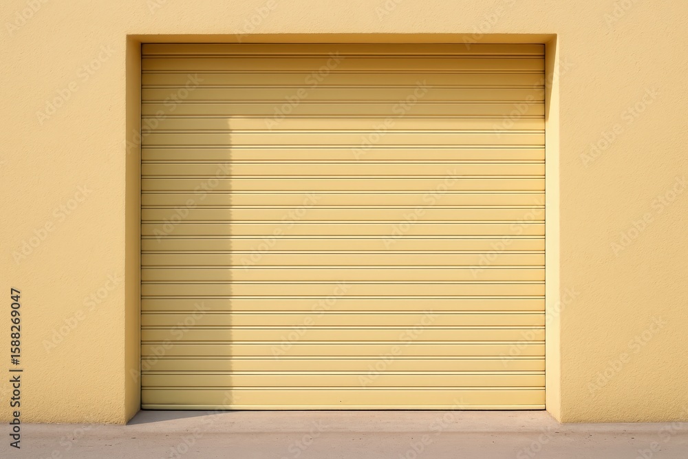 Poster pastel yellow shutter fronts a simple storefront casting a soft shadow under the bright summer sunli