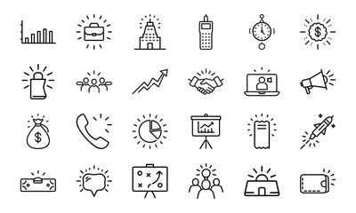 Line Style Business and Finance Icon Set Featuring Graphs, Marketing, Strategy, Money, Communication, and Technology Symbols for Corporate Use and Presentations