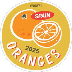Organic Spain Orange Fruit on Produce Sticker Design Template PLU Code. Vector Package Peeled Tag Is