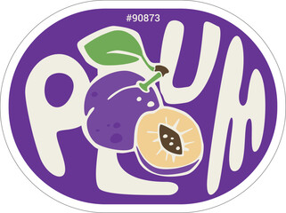 Plum Hand Drawn Lettering Custom Produce Sticker Design Template PLU Code. Vector Package Peeled Tag