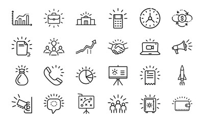 Fototapeta premium Line Style Business and Finance Icon Set Featuring Graphs, Marketing, Strategy, Money, Communication, and Technology Symbols for Corporate Use and Presentations