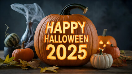 Glowing carved pumpkin with happy halloween  2025 message and autumn foliage orange