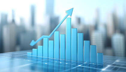 Clear blue upward arrow on a financial bar graph signifying positive growth trend in business
