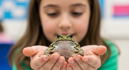 Curious Girl Examining a Lizard in Science Class