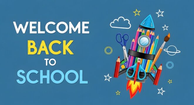 Welcome Back to School Poster with Rocket and Kids