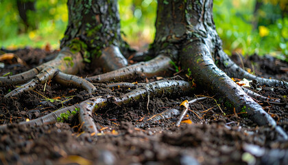 Obraz premium Closeup of entwined tree roots emerging from soil. Evokes themes of nature, connection, and resilience. Ideal for ecology, growth, and environmental projects.