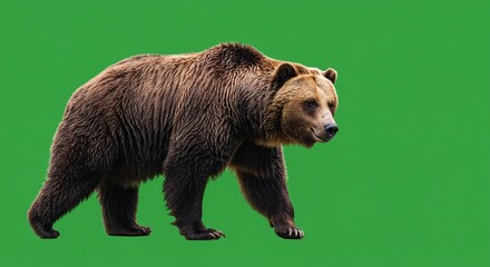Obraz premium Brown bear walking green background