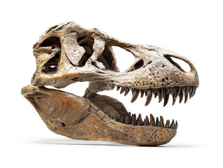 Highly detailed T. rex skull fossil with full jawline and teeth, isolated on white background for scientific use.