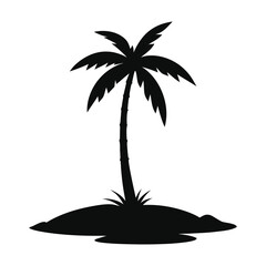 Black silhouette of a single palm tree on a small island tropical nature
