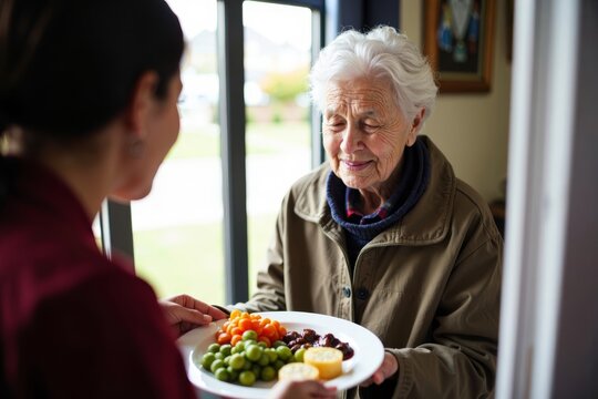Capturing the Heartwarming Connection Between a Kind Volunteer and a Senior Citizen Sharing a Nourishing Meal at the Doorstep