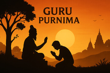 Guru Purnima Silhouette of Disciple and Teacher at Sunset Spiritual Festival