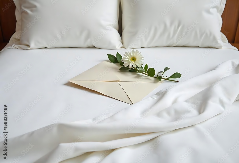 Poster generative ai gentle surprise bloom and envelope resting on clean white bedding