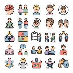 Colorful Collection of Diverse Icons Depicting Mental Health Therapy Concepts Including Brain Puzzle Pieces Checklist Communication Meditation and Sensory Issues