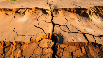 Active fault scarp (16:9), fresh rupture with exposed fault plane, cracked earth surface, morning light enhancing shadows