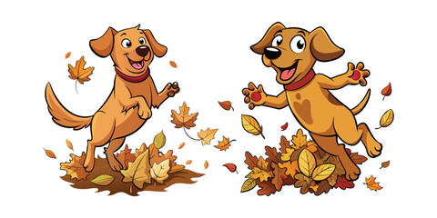 Fototapeta premium Playful Cartoon Labrador Jumping Into Colorful Leaf Pile, Vector Art Illustration, Cute Dog with Spread Paws, Autumn Theme, White Background, Fun Pet Design