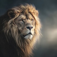 Obraz premium Majestic Lion with Golden Mane in Intense Stare, Against Ethereal Savannah Backdrop