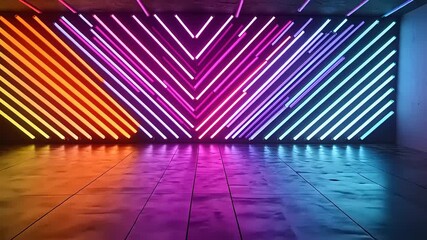 Vibrant neon-lit room with diagonal lines creating a dynamic atmosphere for creative events