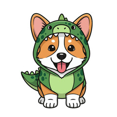 Charming corgi puppy dressed in a green dinosaur costume smiles playfully, a delightful and whimsical cartoon illustration.